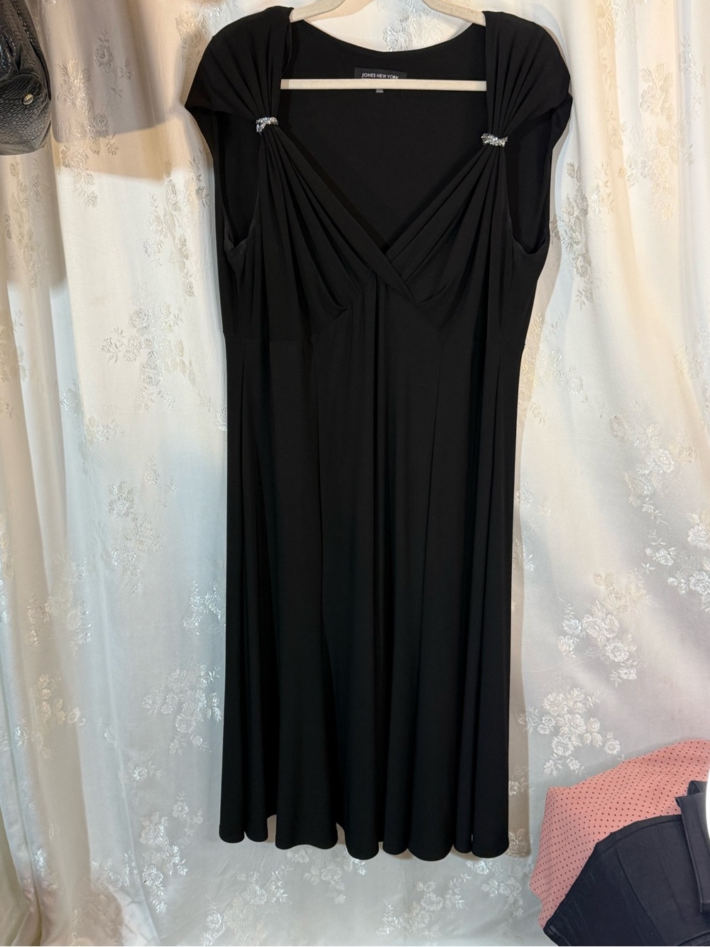 Jones New York Black Midi Dress with Draped V-Neck